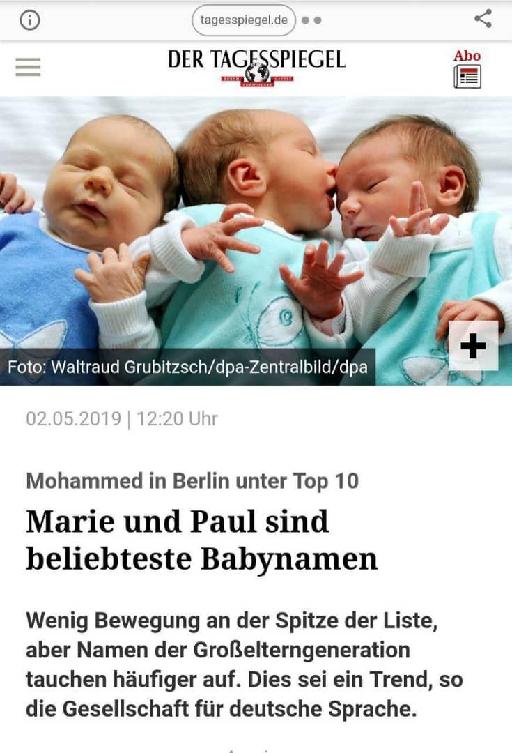 نام محمد جزء محبوب ترین نام های نوزادان تازه متولد شده در ایالت های برلین، برمن و زارلند در سال ۲۰۱۸