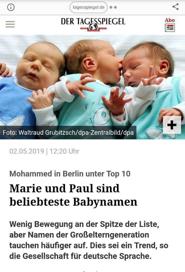 نام محمد جزء محبوب ترین نام های نوزادان تازه متولد شده در ایالت های برلین، برمن و زارلند در سال ۲۰۱۸